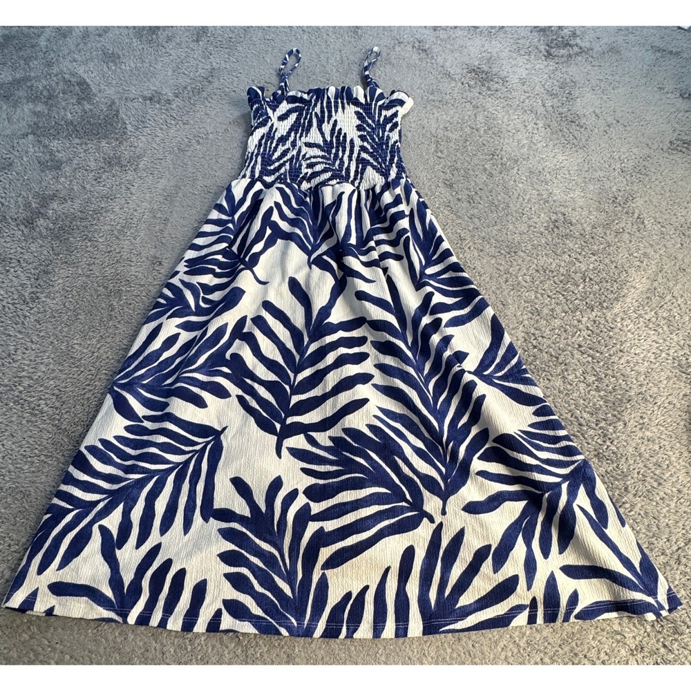 H&M Womens Smocked Tropical Leaf Print Midi Dress Medium Blue White Crepe